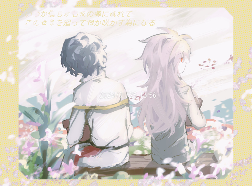 2boys capelet chinese_commentary commentary_request dated day flower_pot garden gold_trim hatsutori_hajime highres holding holding_flower_pot jiekuijiangshadaonijiamenkou long_hair long_sleeves male_focus multiple_boys on_bench outdoors pants pink_hair red_eyes red_pants saibou_shinkyoku shirt sitting translation_request utsugi_noriyuki white_capelet white_shirt