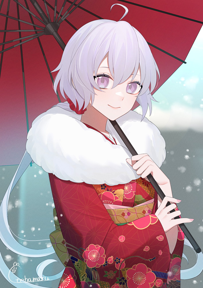 1girl closed_mouth cowlick floral_print floral_print_kimono fur-trimmed_kimono fur_trim highres holding holding_umbrella japanese_clothes kimono light_smile long_hair long_sleeves looking_at_viewer low_twintails oil-paper_umbrella purple_eyes purple_hair senki_zesshou_symphogear signature solo tebamaru twintails umbrella upper_body yukine_chris