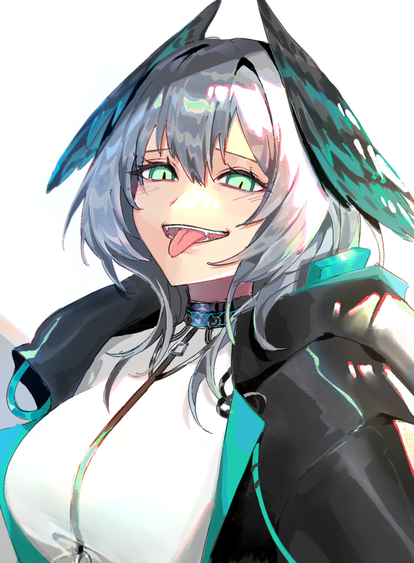 1girl :d aqua_eyes arknights black_coat coat commentary dress grey_hair head_wings highres ho'olheyak_(arknights) indra_(szzupiopi) looking_at_viewer open_clothes open_coat open_mouth short_hair simple_background smile solo tongue tongue_out upper_body white_background white_dress wings