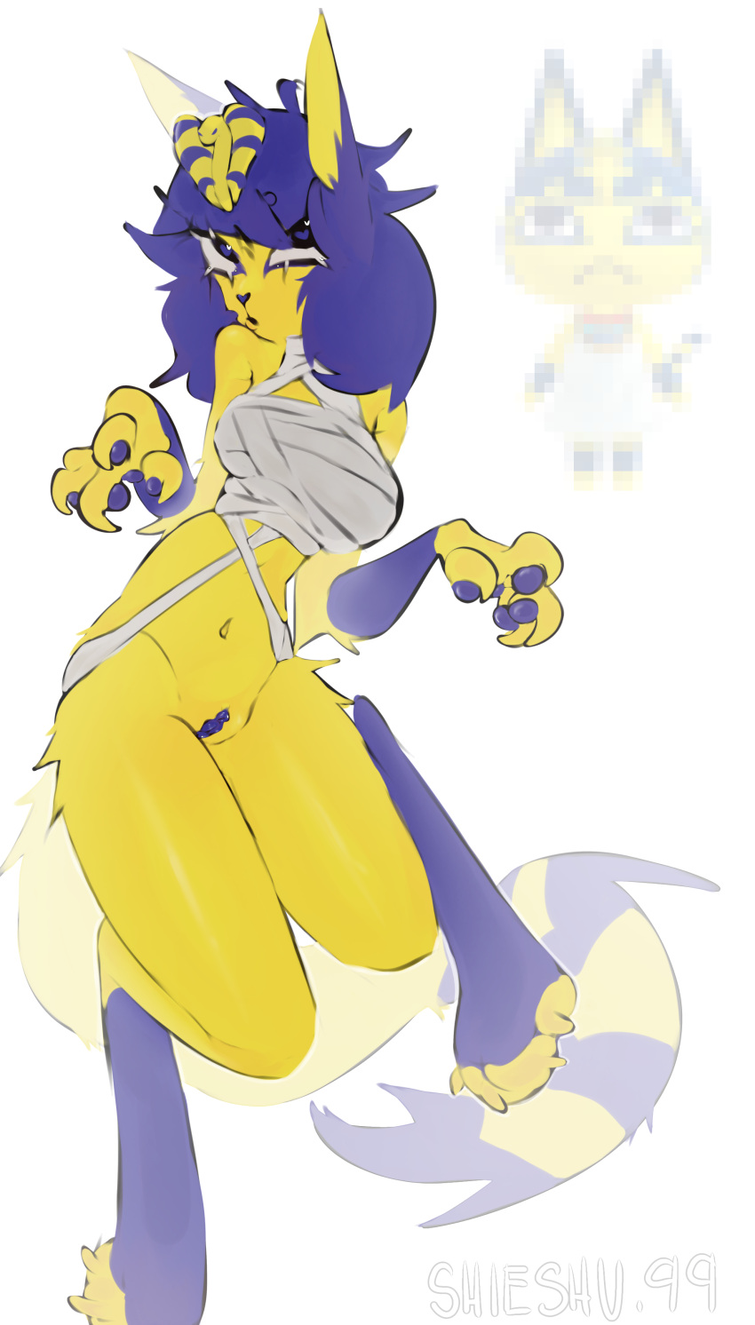 absurd_res animal_crossing ankha_(animal_crossing) ankha_zone anthro bandage bandaged_body blue_and_yellow blue_genitals cat_tail felid feline female fur genitals hi_res mammal nintendo shieshuqqq solo yellow_body yellow_fur