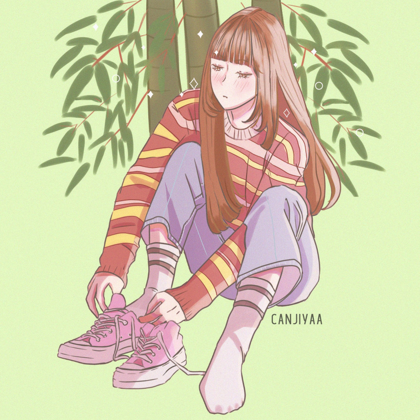 1girl adjusting_clothes adjusting_shoe artist_name bamboo blue_pants blunt_bangs brown_hair canjiya english_commentary gfriend green_background highres k-pop long_hair looking_down pants pink_footwear red_sweater simple_background sitting solo striped_clothes striped_sweater sweater yuju_(gfriend)