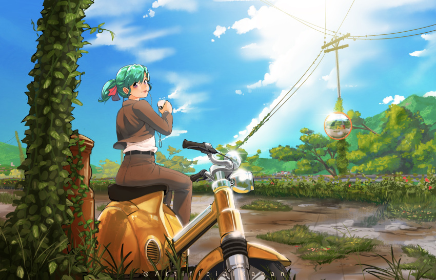 1girl artificialkaban artist_name blue_sky brown_coat brown_jacket brown_pants camera cloud cloudy_sky coat commentary_request day full_body green_hair hatsuseno_alpha highres holding holding_camera jacket landscape looking_at_viewer looking_back motor_vehicle mouth_hold on_vehicle overgrown pants post-apocalypse power_lines purple_eyes scooter shirt short_hair short_ponytail sky solo utility_pole vespa white_shirt yokohama_kaidashi_kikou