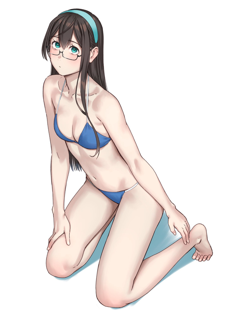 1girl aqua_eyes aqua_hairband bare_arms bare_legs bare_shoulders barefoot bikini black-framed_eyewear black_hair blue_bikini breasts closed_mouth collarbone full_body glasses hair_between_eyes hairband highres kantai_collection long_hair navel ooyodo_(kancolle) simple_background small_breasts solo swimsuit toes white_background yuuji_(and)