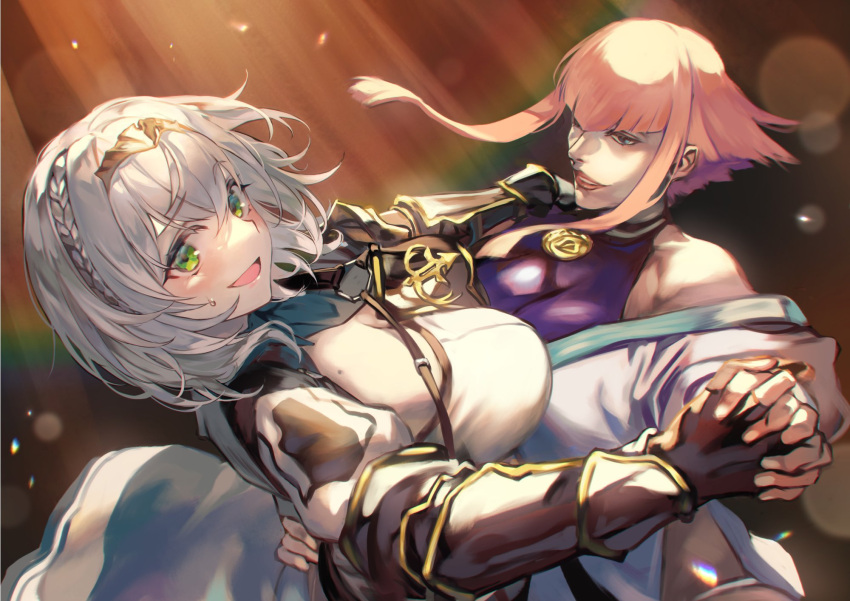 2girls black_gloves blush braid breasts dancing fingerless_gloves french_braid gloves green_eyes grey_hair hairband highres holding_hands hololive large_breasts looking_at_viewer manon_legrand multiple_girls open_mouth otsudou parted_lips pink_hair shirogane_noel shirogane_noel_(1st_costume) short_hair smile street_fighter street_fighter_6 virtual_youtuber