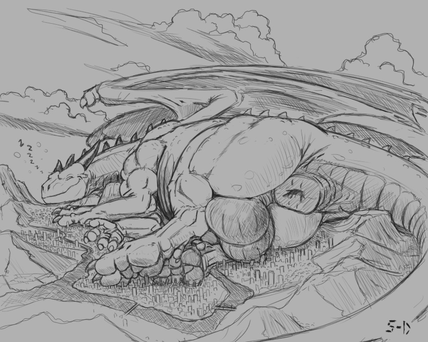 5-d anus balls big_balls city dragon feral genitals graphite_(artwork) greyscale hi_res macro male monochrome pencil_(artwork) puffy_anus quadruped razeth_(~razeth) reptile scalie sleeping solo text traditional_media_(artwork) wings