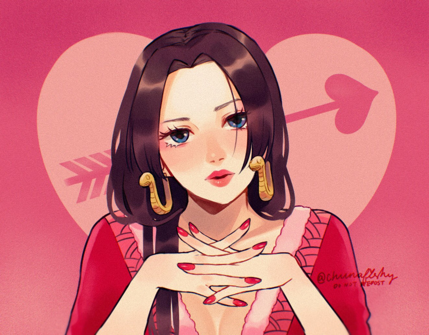 1girl arrow_(projectile) black_hair blue_eyes boa_hancock chunafishy close-up crossed_fingers earrings english_commentary heart heart_arrow hime_cut jewelry long_hair looking_at_viewer one_piece pink_background pink_lips red_nails red_shirt shirt snake_earrings solo