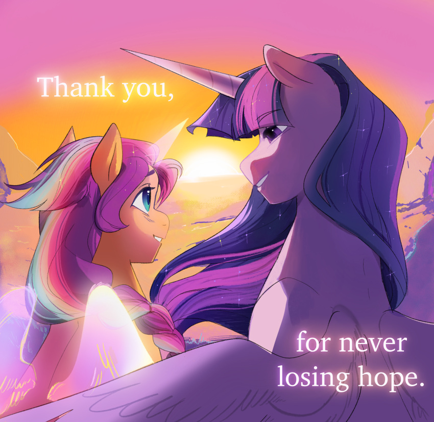 aztrial blue_eyes braided_hair braided_ponytail dialogue english_text equid equine ethereal_horn ethereal_wings friendship_is_magic fur hair hasbro hi_res horn mammal mlp_g5 multicolored_hair my_little_pony orange_body orange_fur ponytail purple_body purple_eyes purple_fur purple_hair sunny_starscout_(mlp) sunset text twilight_sparkle_(mlp) winged_unicorn wings