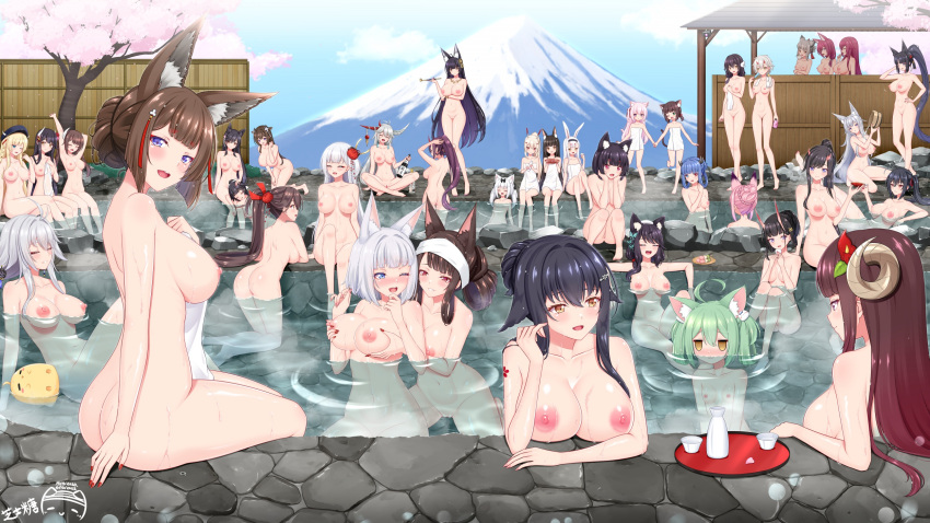 6+girls ahoge akagi_(azur_lane) akashi_(azur_lane) alternate_hairstyle amagi_(azur_lane) animal_ear_fluff animal_ears arm_under_breasts ass asymmetrical_horns atago_(azur_lane) ayanami_(azur_lane) azuma_(azur_lane) azur_lane black_hair blonde_hair blue_eyes blue_hair blush bottle breast_envy breast_rest breasts brown_hair cat_ears cat_tail cherry_blossoms chinese_commentary chitose_(azur_lane) chiyoda_(azur_lane) closed_eyes commentary_request completely_nude cow_ears cow_girl cow_horns cup curled_horns day flat_chest flower fusou_(azur_lane) grabbing grabbing_another's_breast grabbing_from_behind grey_hair hair_bun hair_flower hair_ornament hakuryuu_(azur_lane) hanazuki_(azur_lane) haruna_(azur_lane) heterochromia hiei_(azur_lane) highres holding holding_bottle holding_hands holding_smoking_pipe horns huge_breasts ibuki_(azur_lane) izumo_(azur_lane) kaga_(azur_lane) kashino_(azur_lane) kii_(azur_lane) kinu_(azur_lane) kisaragi_(azur_lane) kongou_(azur_lane) lap_pillow large_breasts long_hair looking_at_another manjuu_(azur_lane) medium_breasts medium_hair mikasa_(azur_lane) mount_fuji multiple_girls musashi_(azur_lane) mutsuki_(azur_lane) nagato_(azur_lane) naked_towel nipples noshiro_(azur_lane) nude onsen outdoors partially_submerged partially_underwater_shot pink_hair ponytail ppshex purple_hair red_eyes red_hair red_nails ryuuhou_(azur_lane) sakazuki sake_bottle shimakaze_(azur_lane) shinano_(azur_lane) short_hair shoukaku_(azur_lane) siblings sisters sitting smoking_pipe standing suruga_(azur_lane) suzutsuki_(azur_lane) taihou_(azur_lane) tail takao_(azur_lane) tosa_(azur_lane) towel very_long_hair water wet white_flower white_towel yamashiro_(azur_lane) yellow_eyes yukikaze_(azur_lane) yuri zuikaku_(azur_lane)