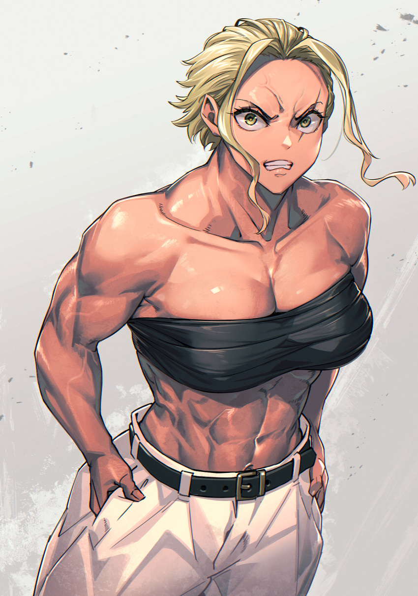 1girl abs angry belt blonde_hair breasts chest_sarashi cleavage frown hand_in_pocket highres looking_at_viewer mikel_(4hands) muscular muscular_female original pants sarashi teeth veins veiny_arms white_pants yellow_eyes