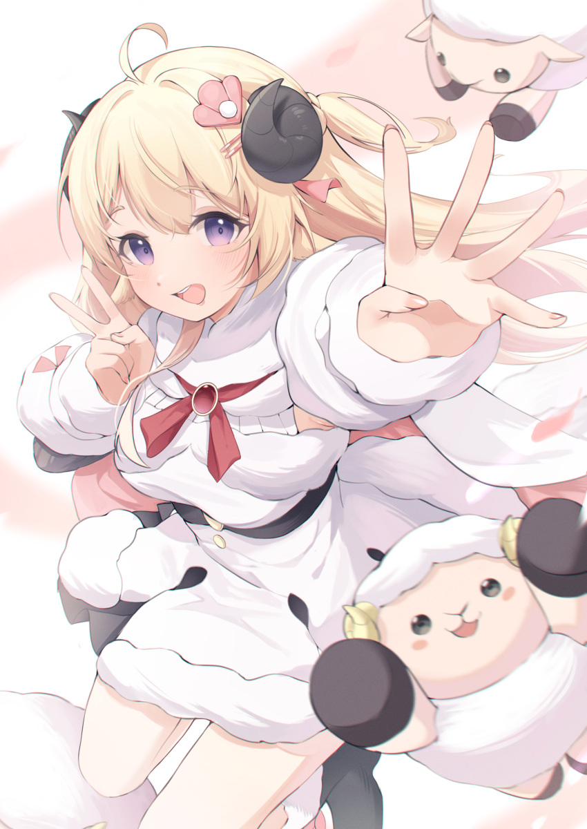 1girl absurdres ahoge black_horns blonde_hair breasts commentary_request dress eat_some_cookie hair_ornament highres hololive horns large_breasts long_hair long_sleeves looking_at_viewer open_mouth purple_eyes reaching reaching_towards_viewer sheep sheep_horns solo tsunomaki_watame v virtual_youtuber white_dress