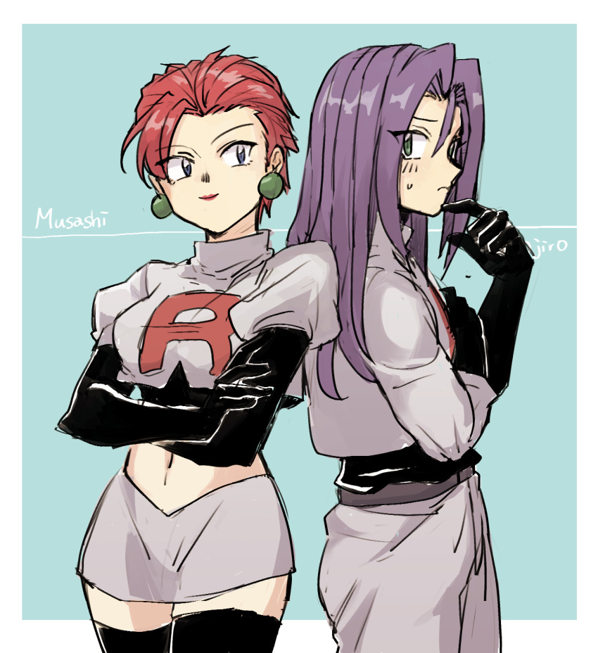 1boy 1girl blue_eyes crossed_arms green_eyes highres james_(pokemon) jessie_(pokemon) long_hair nmnm_bbb pokemon pokemon_(anime) pokemon_(classic_anime) purple_hair red_hair short_hair team_rocket team_rocket_uniform worried