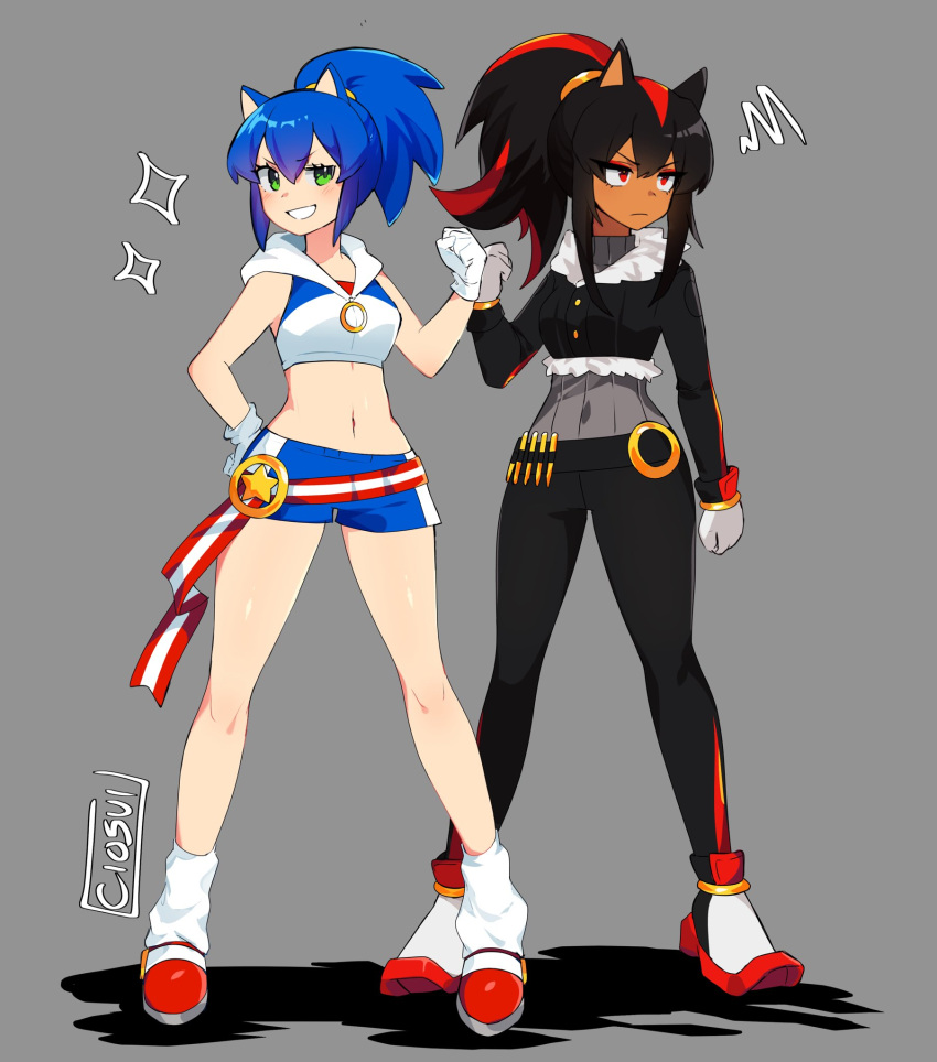 angry animal_ears black_hair black_pants blue_hair blue_shorts breasts ciosuii gloves green_eyes highres hood hoodie jacket long_hair midriff multicolored_hair navel pants ponytail red_eyes red_hair ring_(sonic) shadow_the_hedgehog shoes shorts sidelocks sleeveless small_breasts smile sneakers sonic_(series) sonic_generations sonic_the_hedgehog turtleneck two-tone_hair white_gloves