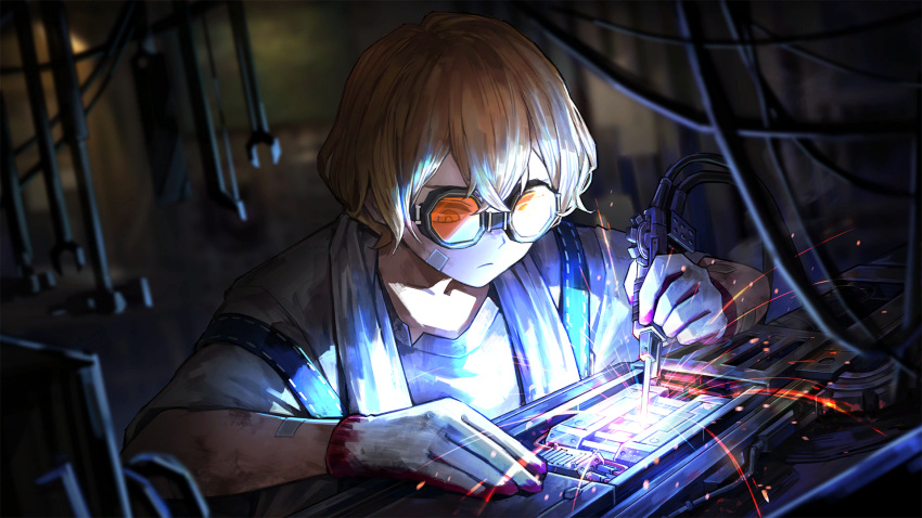 1boy bandaid bandaid_on_arm bandaid_on_cheek bandaid_on_face blonde_hair blue_overalls game_cg gloves goggles highres limbus_company nai_ga official_art overalls project_moon shirt short_hair sinclair_(project_moon) solo t-shirt tools towel towel_around_neck welding white_gloves white_shirt wrench yellow_eyes