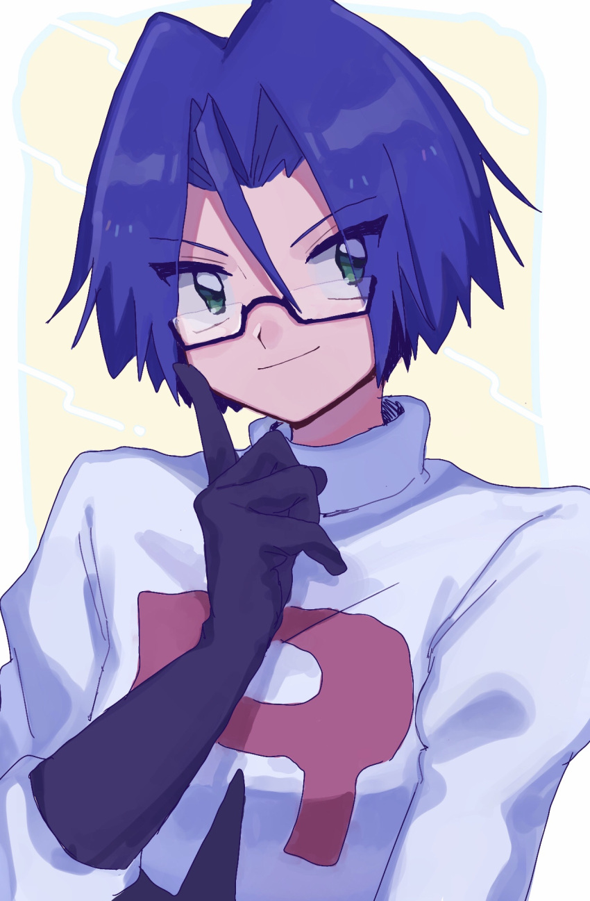 1boy ameya_(okemu_ame) blue_hair glasses green_eyes highres james_(pokemon) male_focus pokemon pokemon_(creature) smile solo solo_focus team_rocket yellow_background