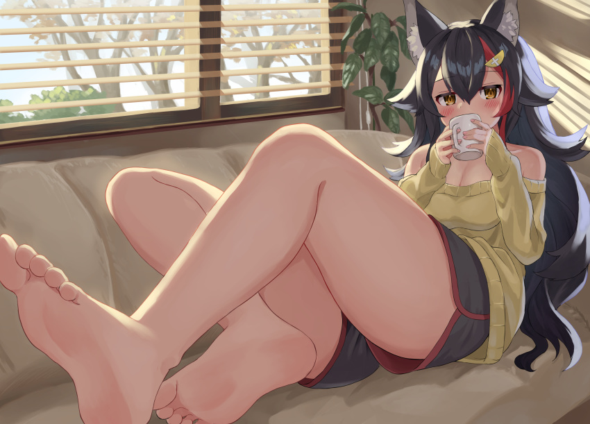 1girl absurdres animal_ears bare_legs bare_shoulders barefoot black_hair blush breasts cleavage commentary_request couch cup dappled_sunlight drinking hair_ornament hairclip highres hololive indoors kajitsu_no_hito leg_focus long_hair mug multicolored_hair off-shoulder_sweater off_shoulder on_couch ookami_mio reclining shorts solo streaked_hair sunlight sweater very_long_hair window window_blinds wolf_ears wolf_girl yellow_eyes yellow_sweater