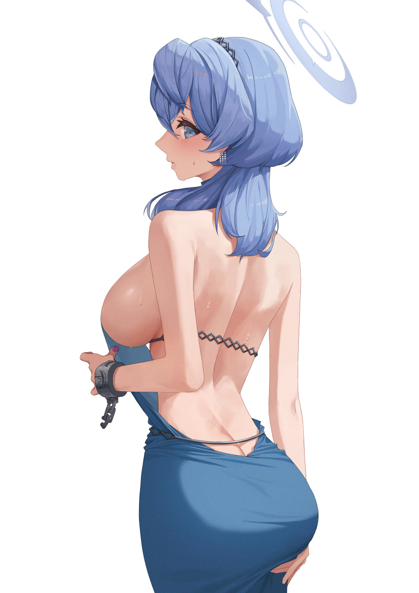 1girl absurdres ako_(blue_archive) ako_(dress)_(blue_archive) alfie_(tmdals7645) ass backless_dress backless_outfit black_hairband blue_archive blue_dress blue_eyes blue_hair blue_halo blush breasts cowboy_shot cuffs dress earrings hair_between_eyes hairband halo handcuffs highres jewelry large_breasts long_hair official_alternate_costume open_mouth simple_background sleeveless sleeveless_dress solo white_background