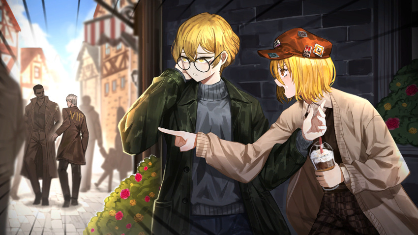 1boy 1girl 6+others baseball_cap black_vest blonde_hair blue_pants brown_pants coat collared_shirt don_quixote_(project_moon) game_cg green_coat hat highres limbus_company multiple_others nai_ga official_art pants project_moon round_eyewear shirt short_hair sinclair_(project_moon) solo sweater town turtleneck turtleneck_sweater vest white_shirt yellow_eyes