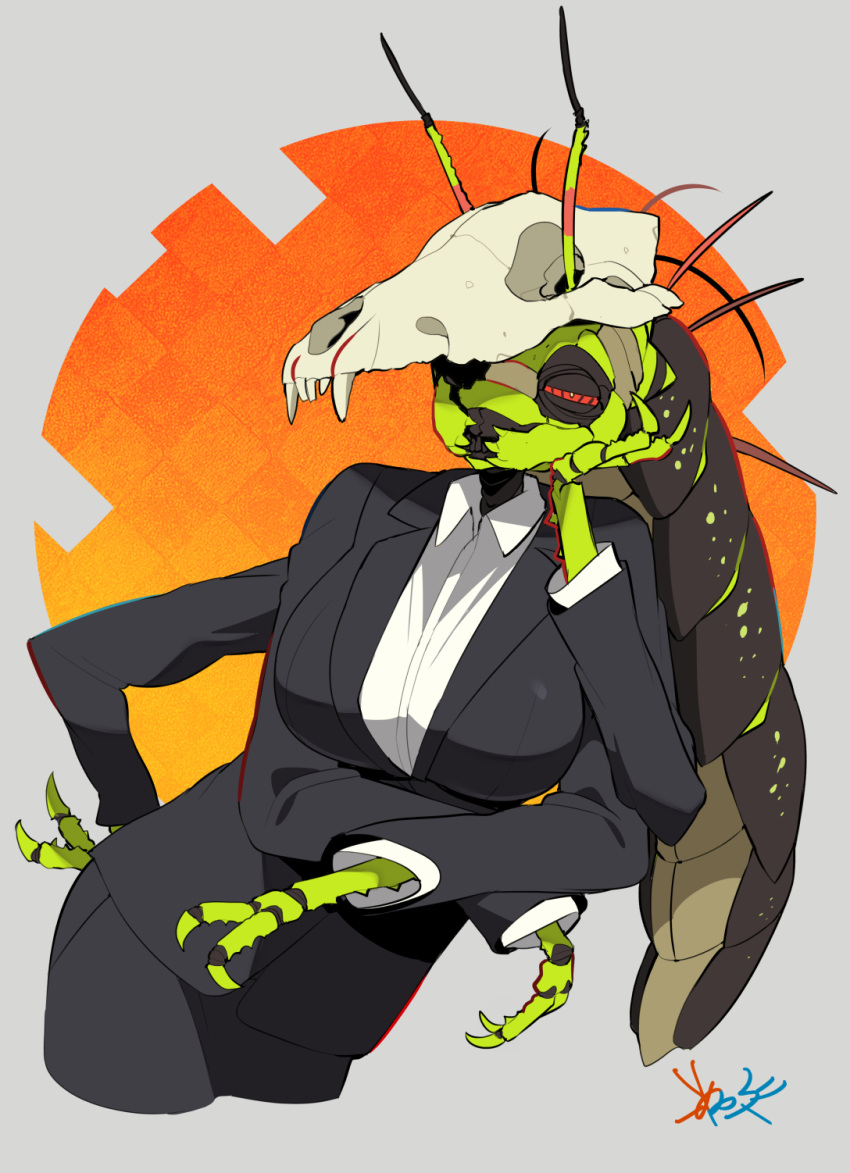 1girl antennae arthropod_girl black_pants breasts collared_shirt cropped_legs extra_arms formal grey_background half-closed_eyes head_rest highres jacket joints kometsubu large_breasts leaning_to_the_side mandibles monster_girl office_lady original pant_suit pants red_eyes ringed_eyes shirt simple_background skull_on_head solo suit suit_jacket tabletop_rpg