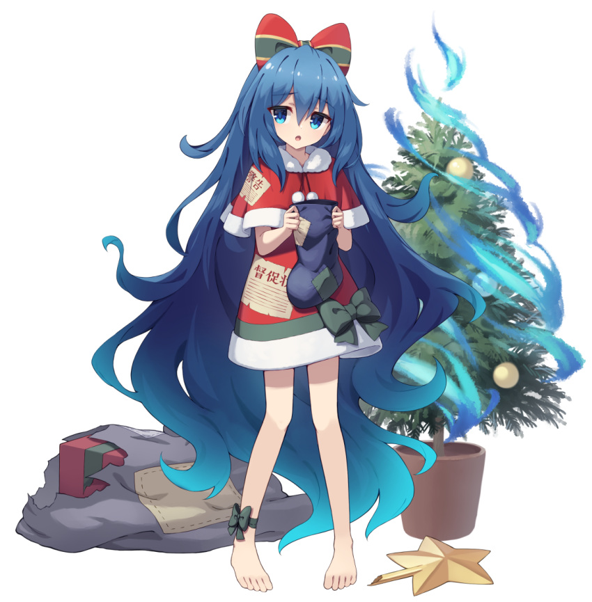 1girl barefoot blue_bow blue_eyes blue_hair blush bow box capelet christmas christmas_tree dress full_body gift gift_box hair_between_eyes hair_bow hiyaya_(kochi_michikaze) long_hair looking_at_viewer open_mouth red_capelet red_dress sack solo toes touhou transparent_background yorigami_shion