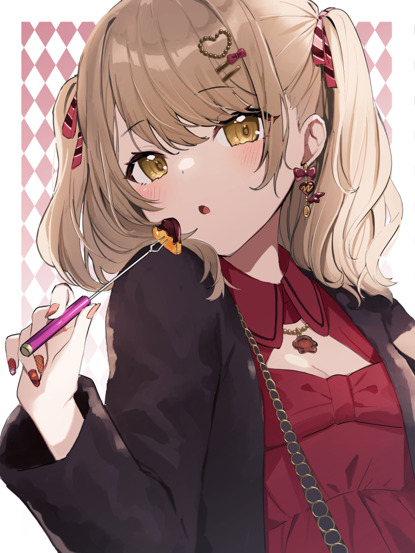 1girl :o argyle argyle_background azusawa_kohane black_jacket blush bow breasts brown_eyes cleavage cleavage_cutout clothing_cutout collared_dress dress dress_bow earrings food fork hair_ornament hair_ribbon hairclip head_tilt heart heart_earrings heart_hair_ornament highres holding holding_fork jacket jewelry kokonotsu_9 light_brown_hair looking_at_viewer parted_lips pendant project_sekai red_dress red_nails ribbon sidelocks solo strap take_the_best_shot!_(project_sekai) twintails upper_body