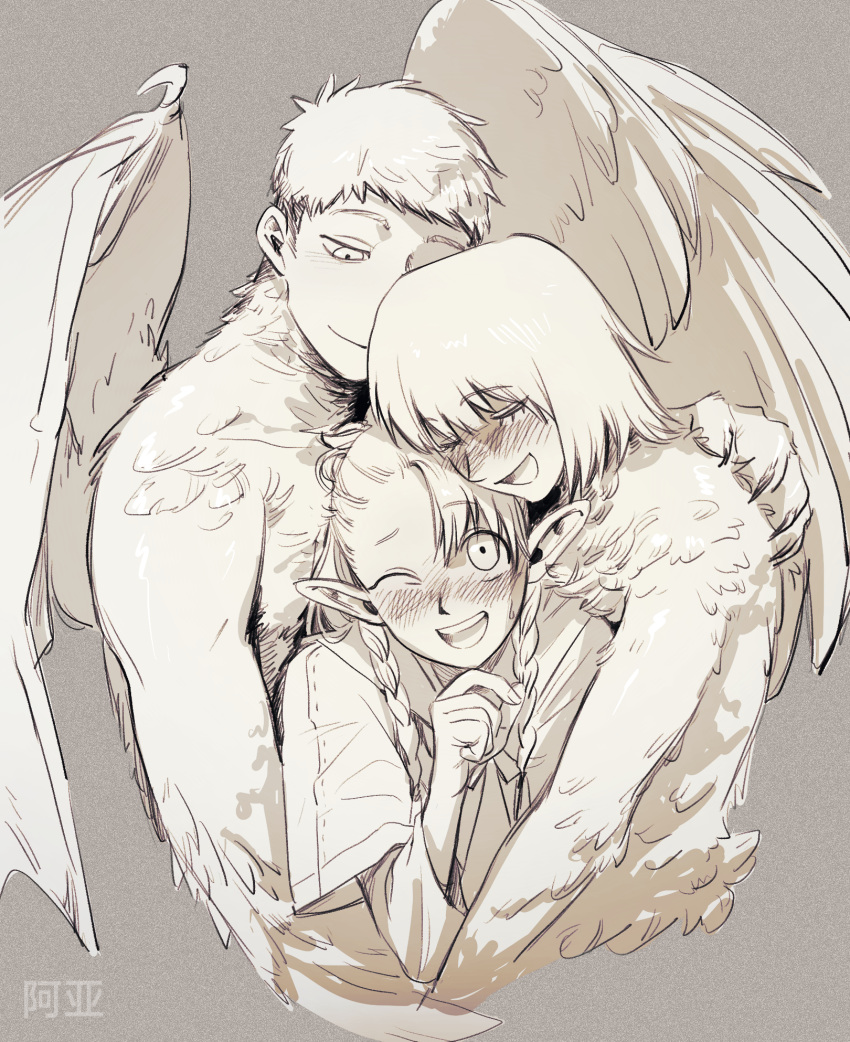1boy 2girls ;d animal_hands asymmetrical_bangs blush body_fur boy_and_girl_sandwich braid brother_and_sister capelet chimera chinese_commentary closed_eyes closed_mouth cropped_torso demon_wings dungeon_meshi elf falin_thorden feathered_wings group_hug hand_on_another's_back hand_up haohaoya52356 happy highres hug laios_thorden long_hair long_sleeves looking_at_another looking_at_viewer marcille_donato monochrome monster_boy monster_girl multiple_girls nude one_eye_closed one_eye_covered open_mouth pointy_ears sandwiched short_hair siblings side_braid simple_background smile spoilers twin_braids wings