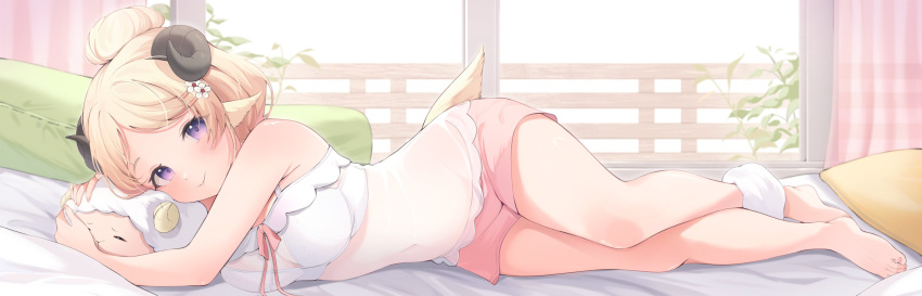 1girl absurdres animal_ears animal_hug barefoot bed blonde_hair blush bra breasts closed_mouth commentary curtains eat_some_cookie full_body hair_bun highres hololive horns indoors looking_at_viewer lying medium_breasts medium_hair navel on_bed on_side pillow pink_shorts purple_eyes see-through see-through_shirt sheep sheep_ears sheep_horns shorts single_hair_bun sleepwear smile solo tsunomaki_watame underwear virtual_youtuber white_bra