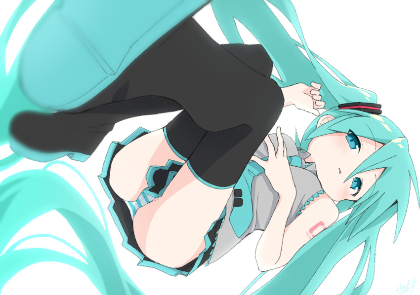 1girl aqua_eyes aqua_hair aqua_necktie ass blush boots colored_shoe_soles dutch_angle floating_hair foreshortening from_above grey_shirt half-closed_eyes hatsune_miku highres legs_up long_hair lying necktie no_nose on_back panties pantyshot sechin shirt shoe_soles signature solo striped_clothes striped_panties thigh_boots thighs twintails underwear very_long_hair vocaloid white_background