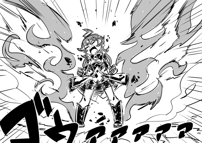 1girl ahoge boots choker clenched_hand closed_eyes emphasis_lines fiery_hair fingerless_gloves fire full_body gloves greyscale hinoko_(sunafuki_tabito) jacket monochrome original pyrokinesis shorts shouting sketch solo sound_effects sunafuki_tabito teeth thick_eyebrows upper_teeth_only