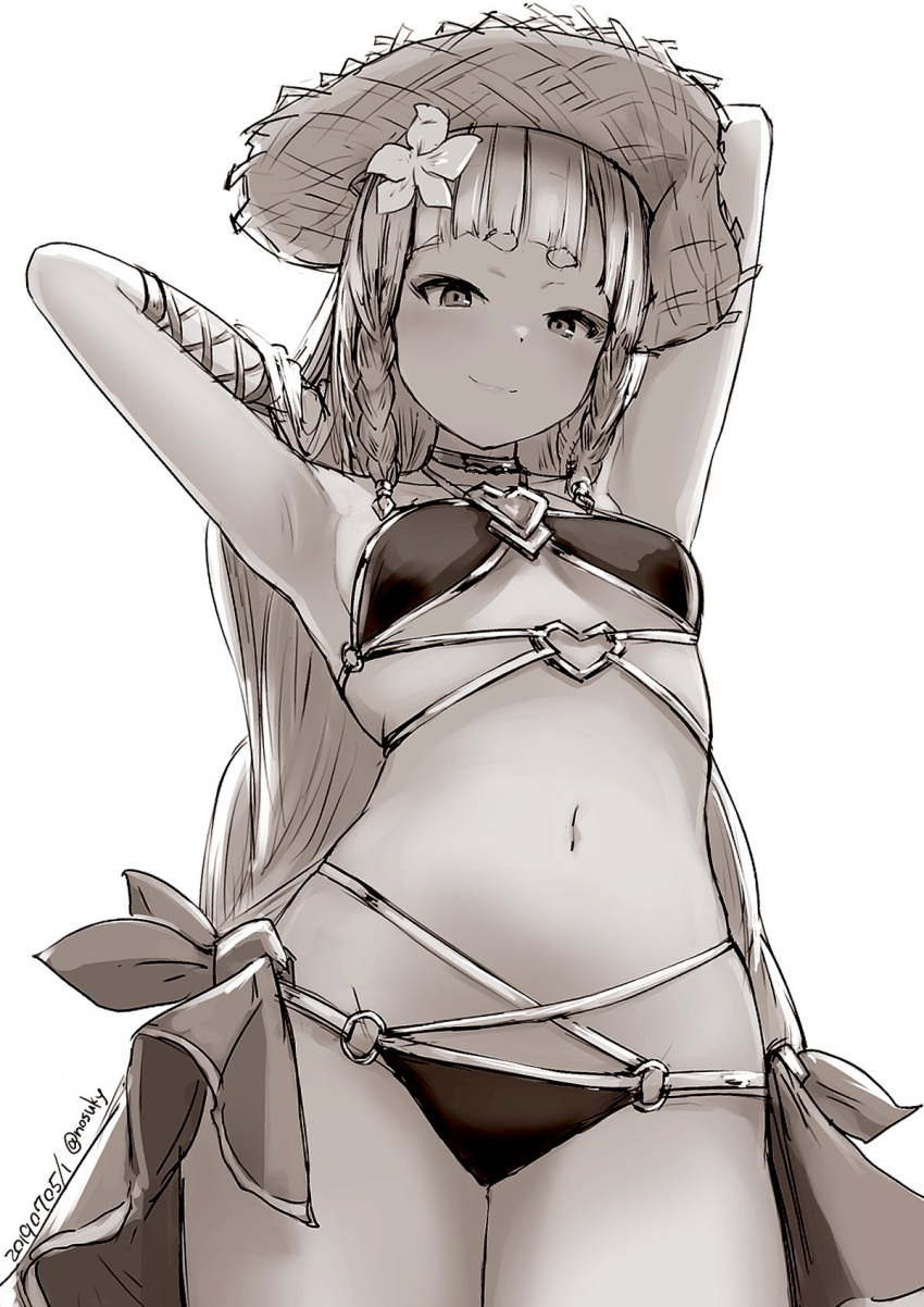 1girl armpits arms_up bare_shoulders bikini blunt_bangs blush braid breasts choker erune eyeliner flower granblue_fantasy greyscale hair_flower hair_ornament hat highres long_hair looking_at_viewer makeup monochrome navel nosuku pholia sarong short_eyebrows side_braids small_breasts smile solo straw_hat swimsuit thighs very_long_hair