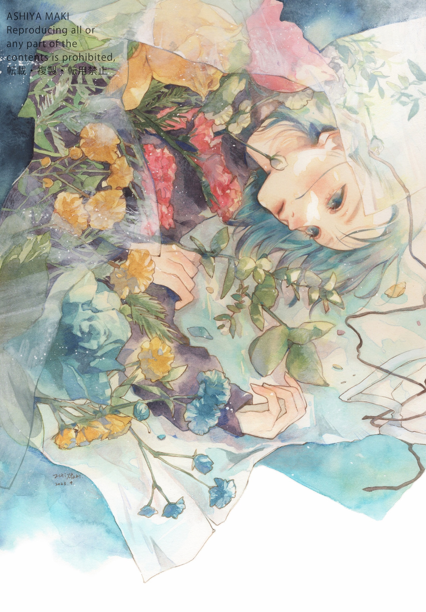1girl absurdres artist_name black_shirt blue_eyes blue_flower blue_hair closed_mouth expressionless flower flower_request highres leaf long_sleeves lying on_side original painting_(medium) paper plant red_flower shiratama_anzu shirt short_hair solo traditional_media upper_body watercolor_(medium) watermark yellow_flower
