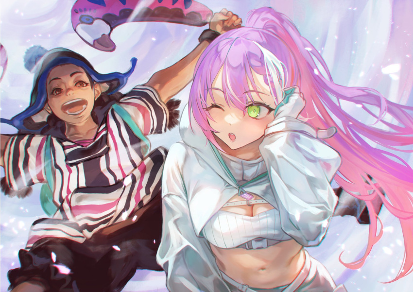 2girls :o black_pants blush breasts brown_eyes crop_top gloves green_eyes hat highres holding holding_weapon hololive hood hood_down lily_hawk long_hair looking_at_another medium_breasts multiple_girls navel one_eye_closed open_mouth otsudou pants pink_hair ponytail smile street_fighter street_fighter_6 tokoyami_towa virtual_youtuber weapon white_gloves white_hair