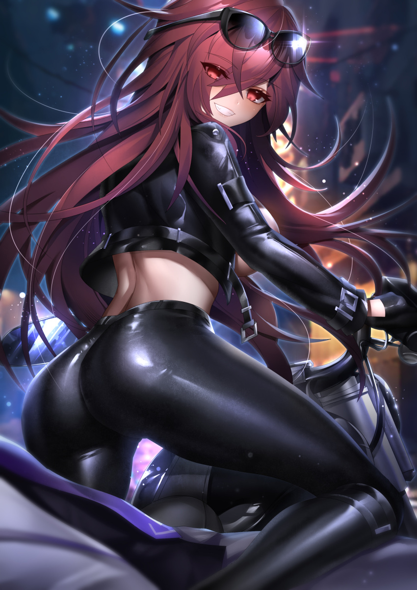 1boy 1girl absurdres ass bangs been black_gloves blurry blurry_background breasts cropped_jacket elesis_(elsword) elsword eyebrows_visible_through_hair eyes_visible_through_hair eyewear_on_head gloves grin ground_vehicle highres jacket leather leather_gloves leather_jacket leather_pants long_hair looking_at_viewer looking_back motor_vehicle motorcycle night pants red_eyes red_hair sideboob smile sunglasses teeth