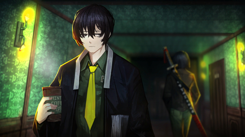 1boy 1girl bags_under_eyes black_eyes black_hair closed_mouth coffee_cup collared_shirt cup disposable_cup game_cg green_pants green_shirt hair_between_eyes highres holding holding_cup indoors katana limbus_company male_focus nai_ga necktie official_art pants project_moon ryoshu_(project_moon) sheath sheathed shirt short_hair solo_focus standing sword weapon wing_collar yellow_necktie yi_sang_(project_moon)