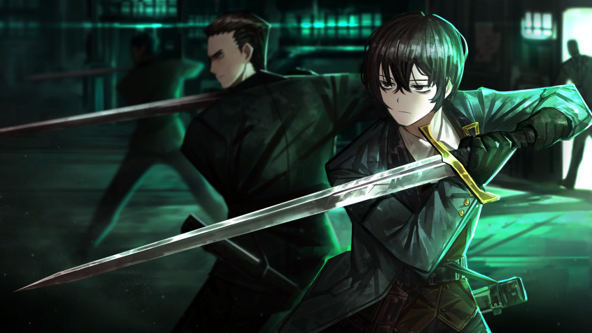 2boys 2others bags_under_eyes black_eyes black_hair brown_vest closed_mouth collared_shirt game_cg green_jacket hair_between_eyes highres holding holding_sword holding_weapon indoors jacket limbus_company male_focus meursault_(project_moon) multiple_boys multiple_others nai_ga official_art project_moon shirt short_hair sword vest weapon white_shirt wing_collar yi_sang_(project_moon)