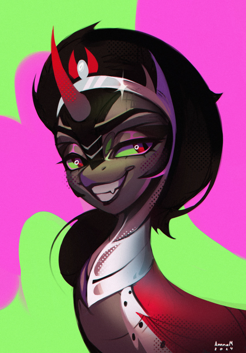 absurd_res annna_markarova armor black_hair crossgender crown equid equine fangs female friendship_is_magic green_sclera hair hasbro headgear hi_res horn king_sombra_(mlp) mammal my_little_pony portrait red_eyes smile solo teeth umbrum unicorn