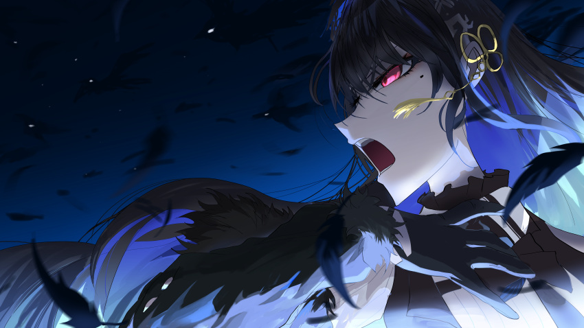 1girl absurdres bird black_gloves black_hair blue_hair colored_inner_hair crow feathers gloves highres hololive hololive_english long_hair mole mole_under_eye multicolored_hair music nerissa_ravencroft night red_eyes s4_(user_ggme4322) singing virtual_youtuber