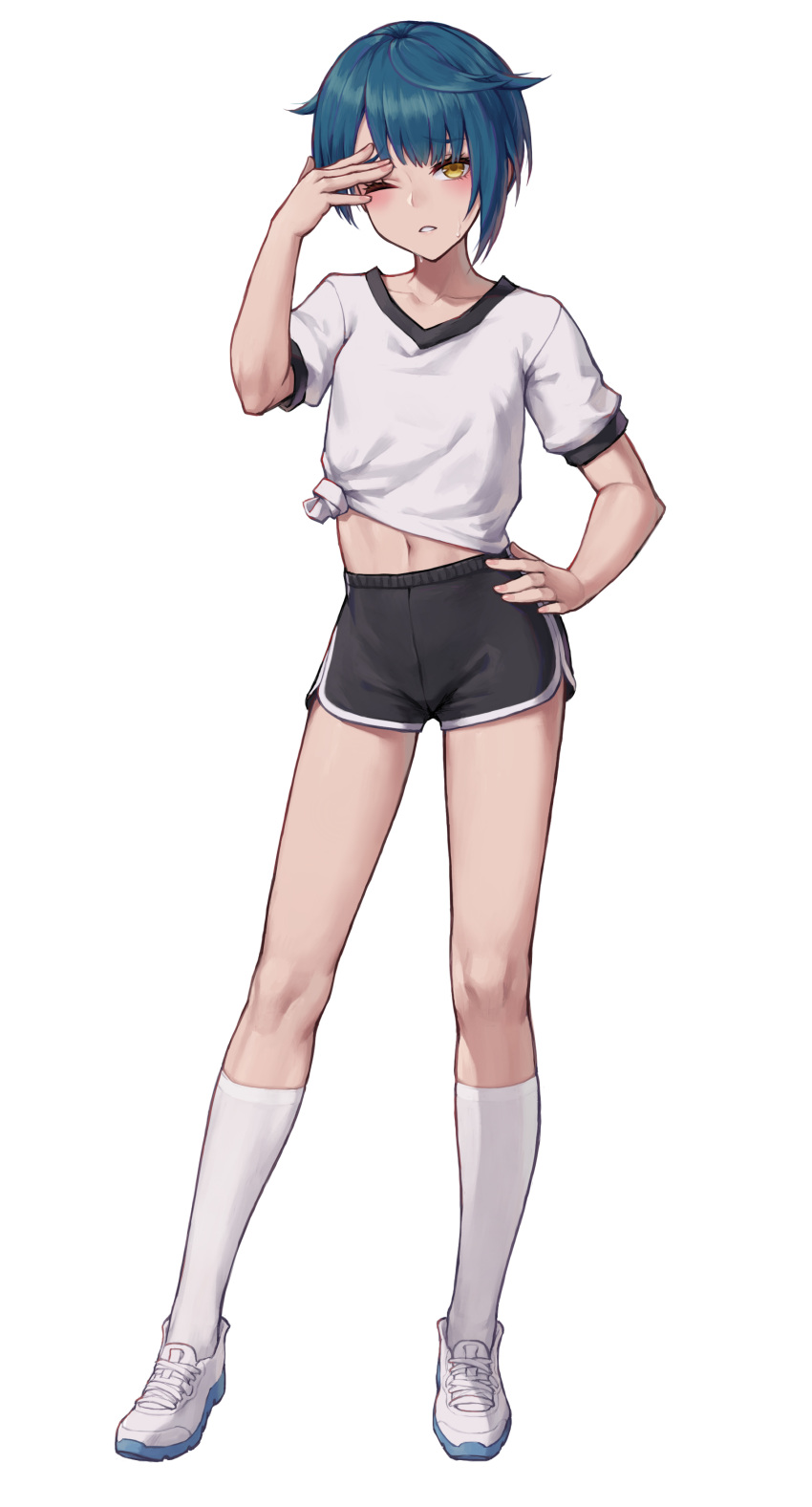 1girl absurdres black_shorts collarbone contrapposto full_body genshin_impact gym_uniform hand_on_own_hip hand_up highres male_focus mool_yueguang navel one_eye_closed shiny_skin short_hair short_sleeves shorts simple_background socks solo sweat teeth white_background white_footwear white_socks xingqiu_(genshin_impact)