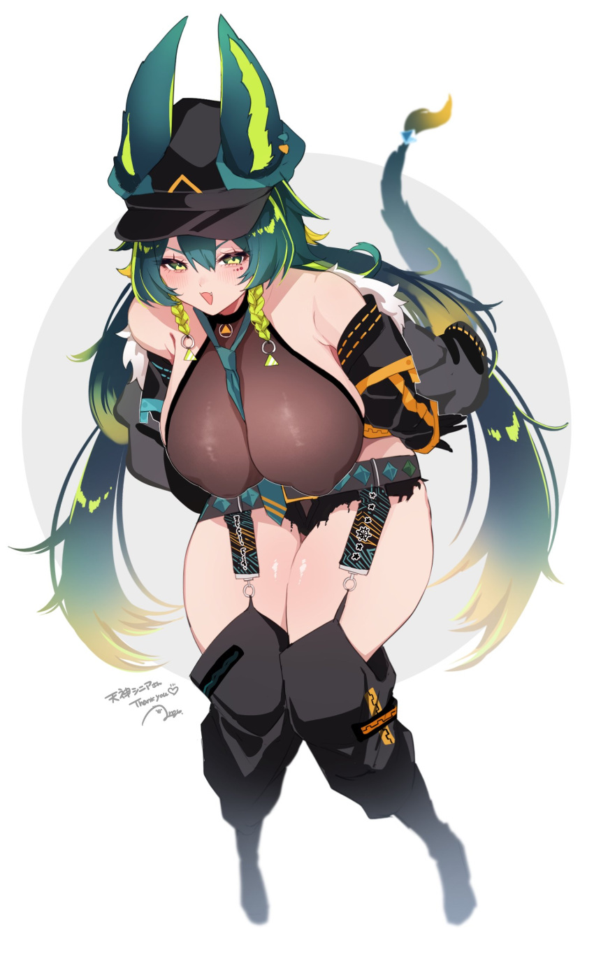 1girl absurdres alternate_costume amagami_shinia animal_ears anoyo_(anoyode0) bare_shoulders breasts commission detached_sleeves garter_straps green_eyes green_hair hair_between_eyes highres huge_breasts indie_virtual_youtuber large_breasts leotard long_hair multicolored_hair open_mouth skeb_commission solo tail very_long_hair virtual_youtuber