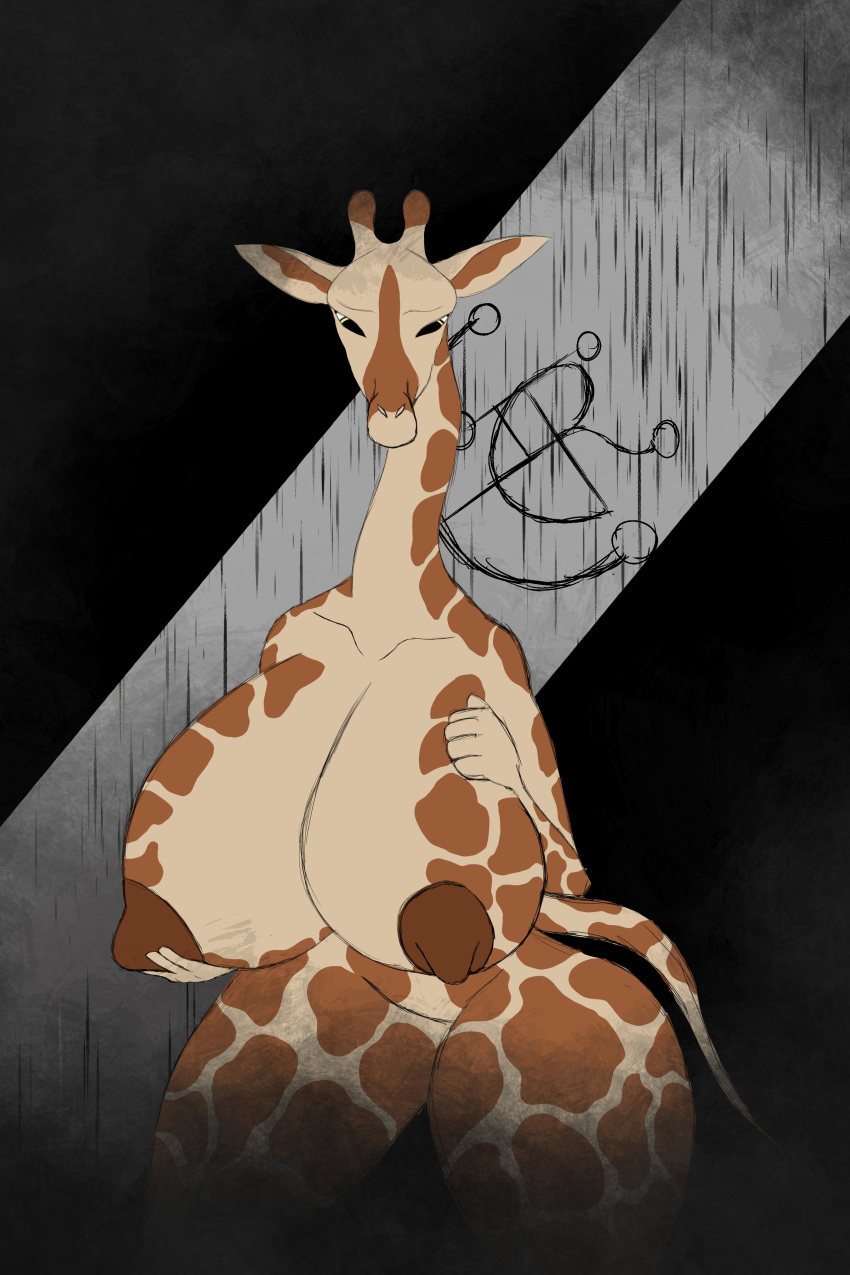 absurd_res big_breasts breasts colored female giraffe giraffid hand_on_breast hi_res holding_breast horn huge_breasts hyper hyper_breasts long_neck looking_down mammal nipples nude raining signum-factorem smoke solo tail thick_thighs wide_hips