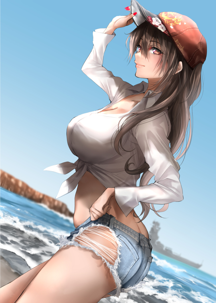 1girl adjusting_clothes alternate_costume ass baseball_cap beach black_hair blue_shorts breasts butt_crack cleavage closed_mouth crop_top cutoffs denim denim_shorts front-tie_top hand_on_headwear hat highres kantai_collection large_breasts long_hair long_sleeves looking_at_viewer midriff nagato_(kancolle) nail_polish ocean outdoors red_eyes red_nails ship shirt short_shorts shorts solo thighs torn_clothes torn_shorts tororo_ten water watercraft white_shirt