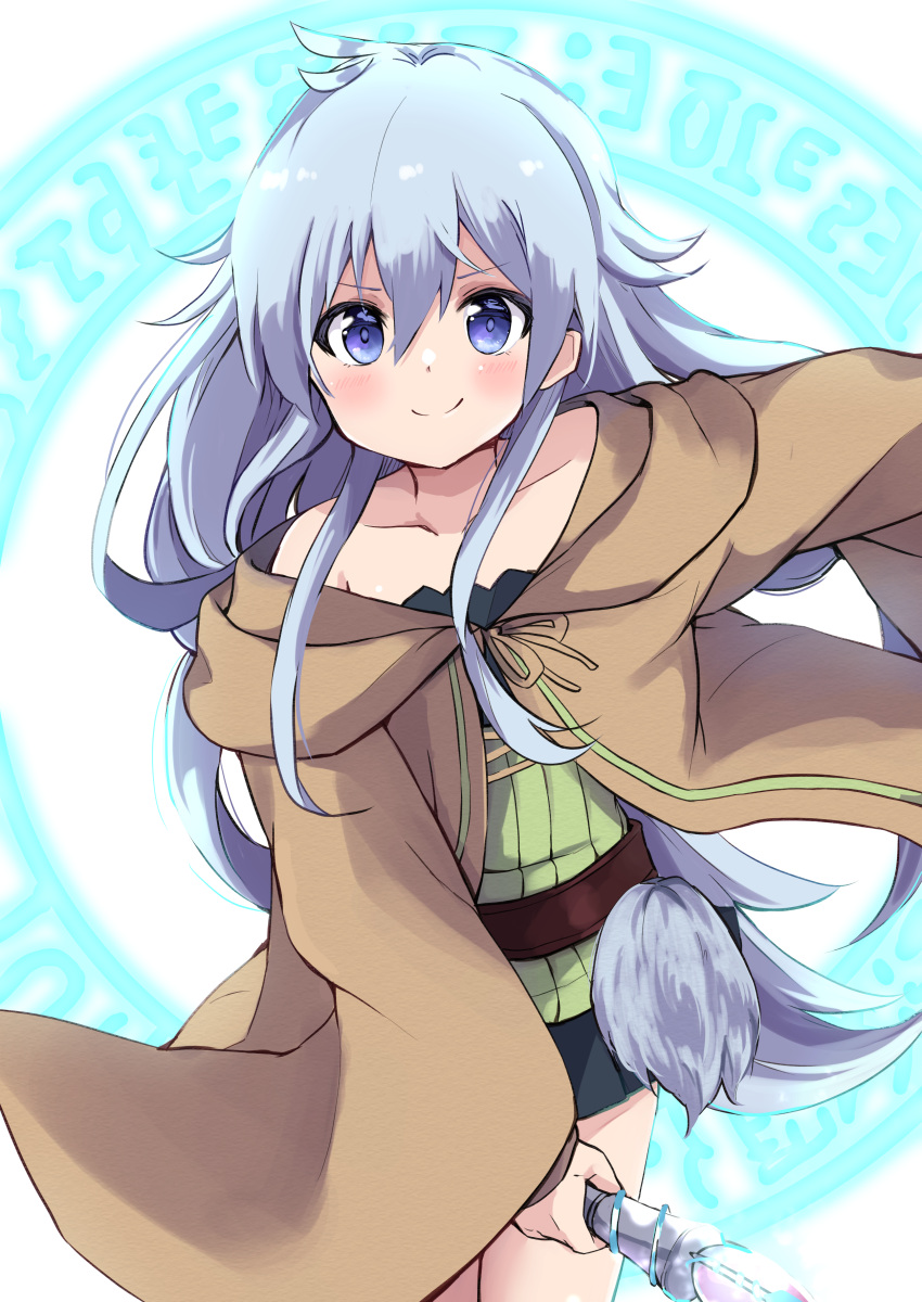 1girl absurdres amano_kouki bare_shoulders black_skirt blue_eyes blue_hair brown_robe closed_mouth collarbone commentary_request eria_(yu-gi-oh!) eria_the_water_charmer green_shirt hair_between_eyes highres holding hood hood_down hooded_robe long_hair looking_at_viewer magic_circle off_shoulder pleated_skirt ribbed_shirt robe shirt simple_background skirt smile solo standing strapless strapless_shirt very_long_hair white_background yu-gi-oh!