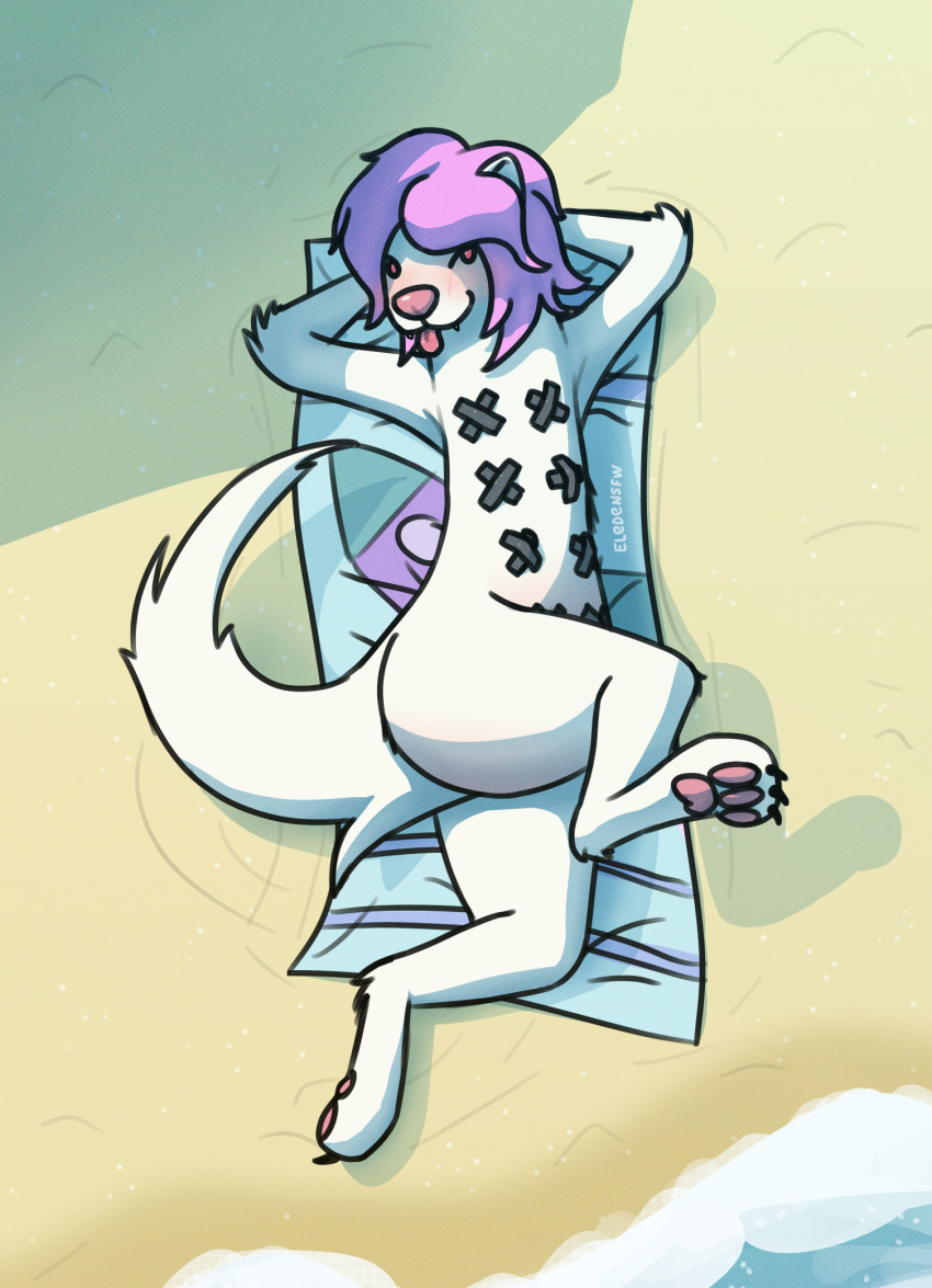 anthro beach big_nose blep blush bottomless butt clothed clothing covered_nipples covering domestic_ferret eledensfw feet female fur hair hands_behind_head hi_res long_tail looking_at_viewer lying mammal multi_nipple mustelid musteline nipples on_back pasties pawpads paws pink_hair pink_nose pink_pawpads pose public public_nudity purple_hair red_eyes sand seaside semi-anthro small_ears solo sunbathing tail tongue tongue_out towel true_musteline weasel white_body white_fur