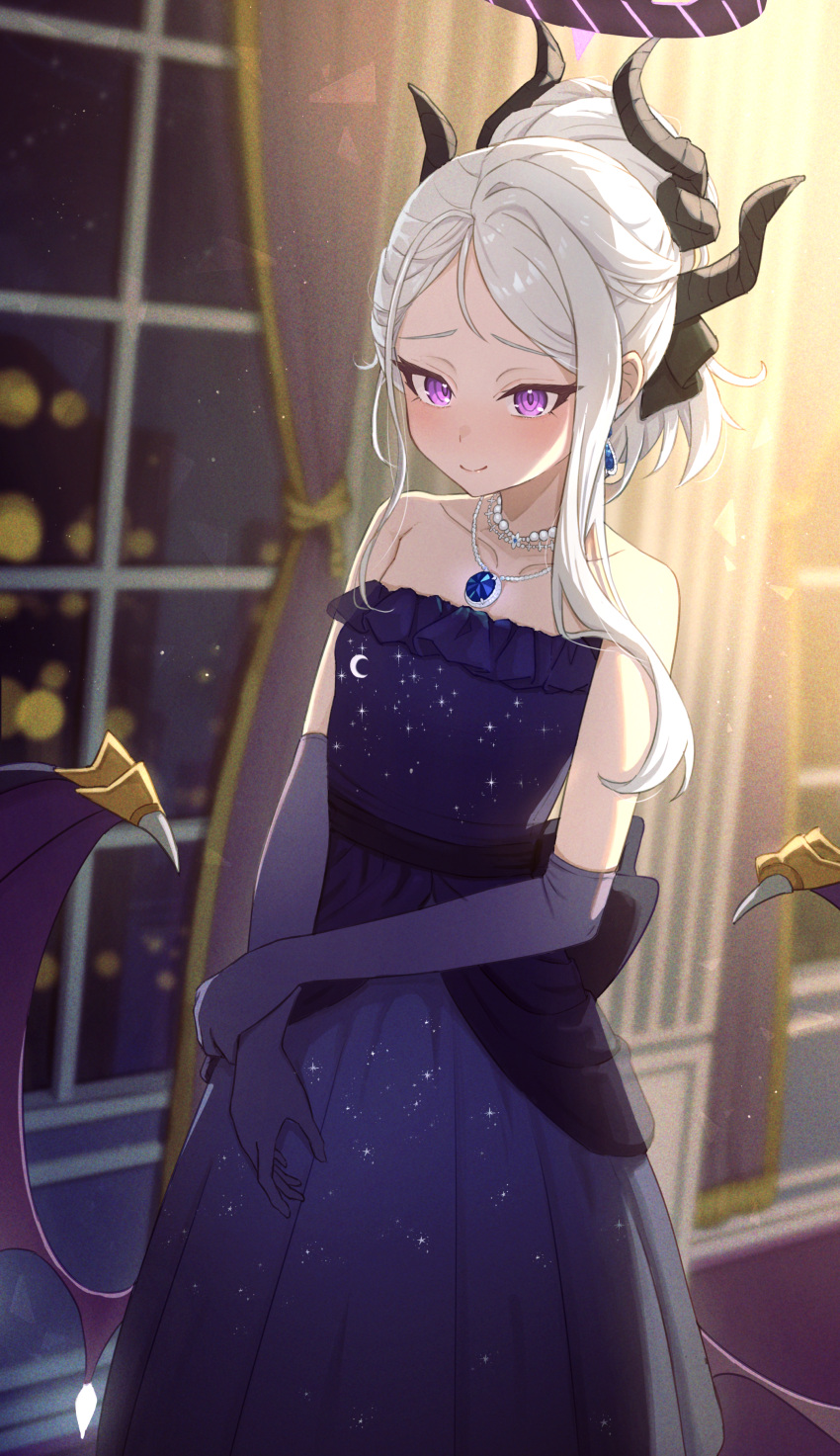 1girl absurdres black_horns blue_archive blush closed_mouth curtains demon_horns demon_wings dress elbow_gloves gloves grey_hair halo highres hina_(blue_archive) hina_(dress)_(blue_archive) horns icetea774 indoors long_hair multiple_horns official_alternate_costume official_alternate_hairstyle purple_dress purple_eyes purple_gloves purple_wings smile solo strapless strapless_dress window wings
