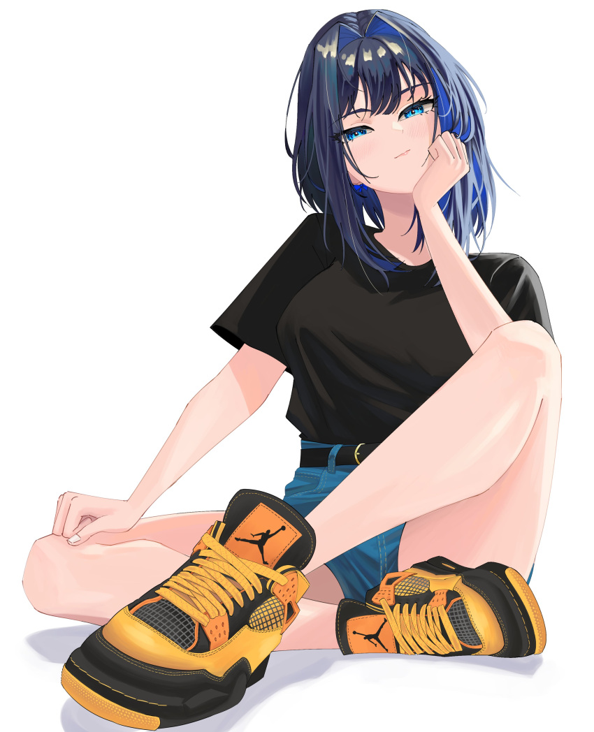 1girl absurdres black_shirt blue_eyes blue_hair hand_on_own_face hand_on_own_leg highres light_blush looking_at_viewer ouro_kronii shirt shoes short_hair shorts sitting sneakers zeon_(zzeeonn)