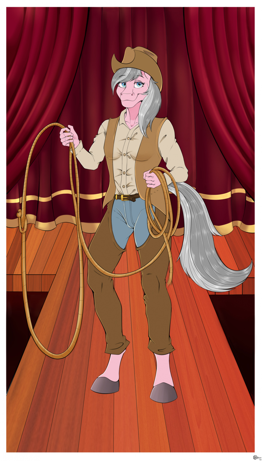 2024 absurd_res anthro belt belt_buckle bottomwear clothed clothing cowboy_hat cowboy_outfit curtains earth_pony equid equine female friendship_is_magic full-length_portrait grey_hair hair half-closed_eyes hasbro hat headgear headwear hi_res holding_object holding_rope hooves horse jimfoxx looking_at_viewer mammal mane mouth_closed my_little_pony narrowed_eyes pants pink_body pony portrait rope shirt signature smile smiling_at_viewer solo stage standing topwear vest