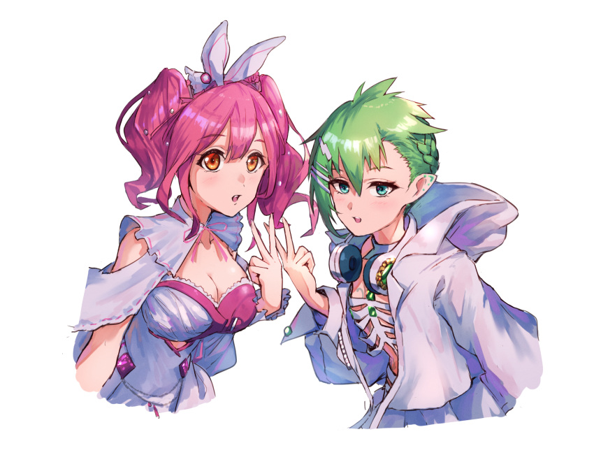 2girls anzo_(anzu_elichi0928) blue_eyes braid breasts brown_eyes cleavage clothing_cutout dress green_hair hair_ornament hair_ribbon hairclip headphones headphones_around_neck highres hood hood_down hoodie looking_at_viewer macross macross_delta makina_nakajima medium_breasts medium_hair multiple_girls open_mouth pointy_ears reina_prowler ribbon short_hair shoulder_cutout skirt twintails v white_dress white_hoodie white_ribbon white_skirt