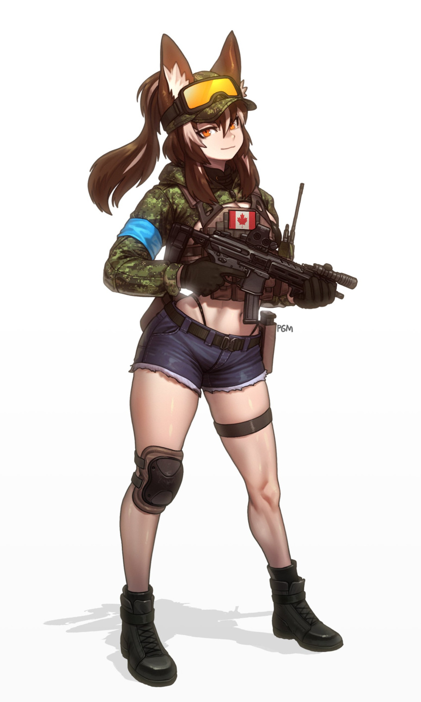 1girl absurdres ammunition_pouch ankle_boots armband artist_name belt bikini black_bikini_bottom black_socks blue_armband boots brown_hair callisto_(greyeth) camouflage camouflage_jacket canadian_flag cropped_jacket full_body goggles goggles_on_headwear gun highres holding holding_weapon jacket knee_pads looking_at_viewer midriff multicolored_hair navel orange_eyes original panties pgm300 plate_carrier pouch rifle short_shorts shorts sig_mcx smirk socks solo streaked_hair swimsuit thigh_strap thong_bikini underwear weapon white_background