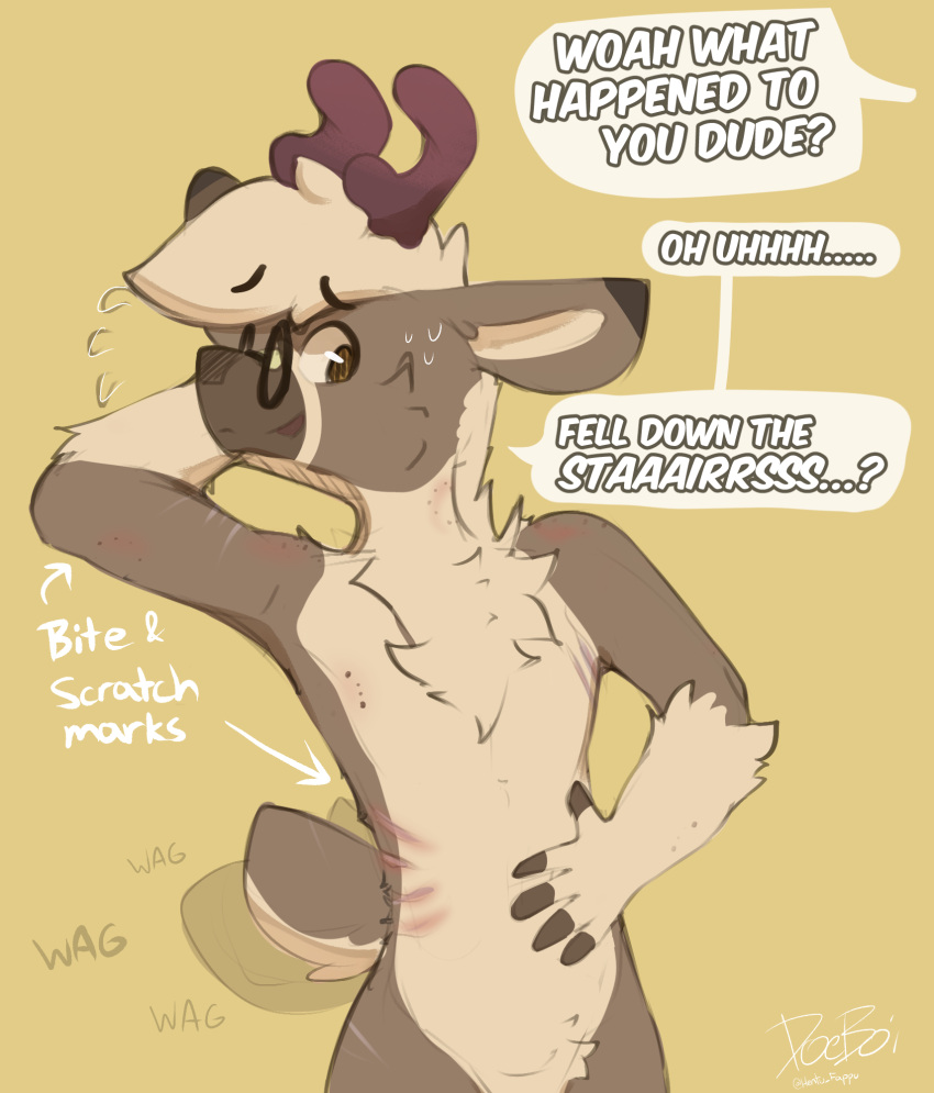 anthro bite_mark bodily_fluids bruised cervine deer dialogue doeboi embarrassed hi_res joseph_(doeboi) mammal nub_tail predator/prey scar sweat sweatdrop tail tail_motion tailwag wound_healed wounded