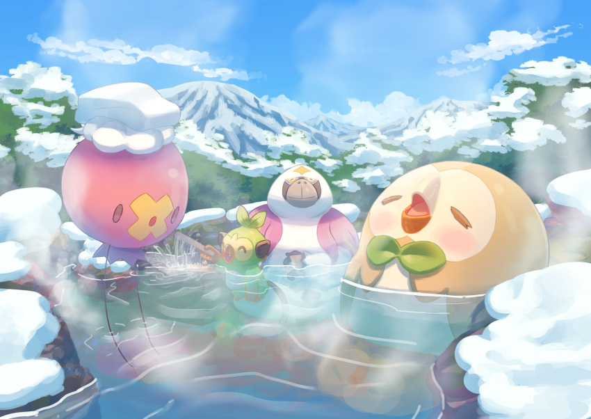 ^_^ bath bird blue_sky blush bow bowtie closed_eyes closed_mouth cloud colored_skin commentary_request drifloon fang green_bow green_bowtie grookey highres holding holding_stick mokukitusui monkey mountain no_humans open_mouth oranguru outdoors owl partially_submerged pokemon pokemon_(creature) purple_skin rowlet sky snow solid_oval_eyes steam stick towel tree