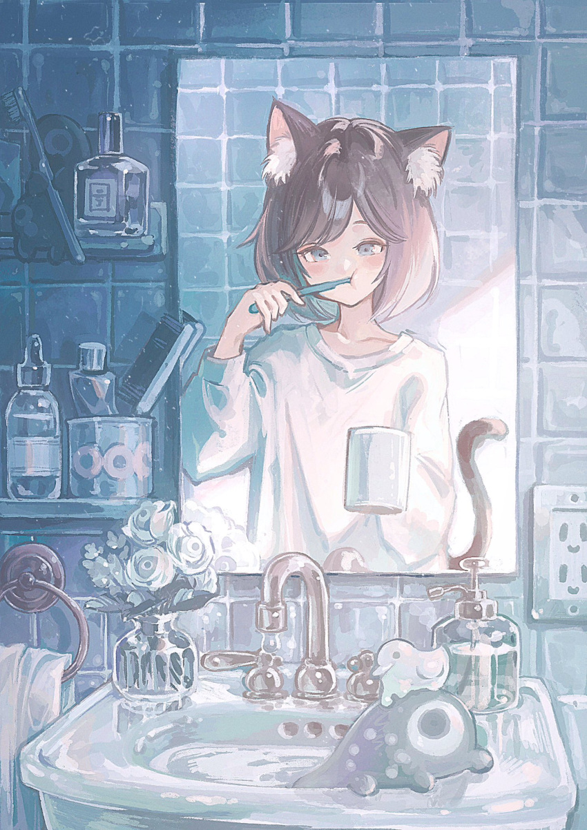 1girl animal_ear_fluff animal_ears bathroom blue_eyes brown_hair brushing_teeth cat_ears cat_girl cat_tail creature cup faucet highres holding holding_toothbrush long_sleeves mirror mug original popepopo999 reflection reflection_focus shirt short_hair sink soap_bottle tail toothbrush toothbrush_in_mouth towel towel_rack water white_shirt